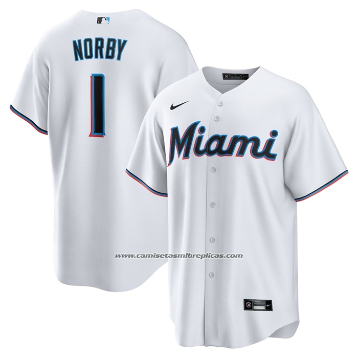 Camiseta Beisbol Hombre Miami Marlins Connor Norby Primera Replica Blanco